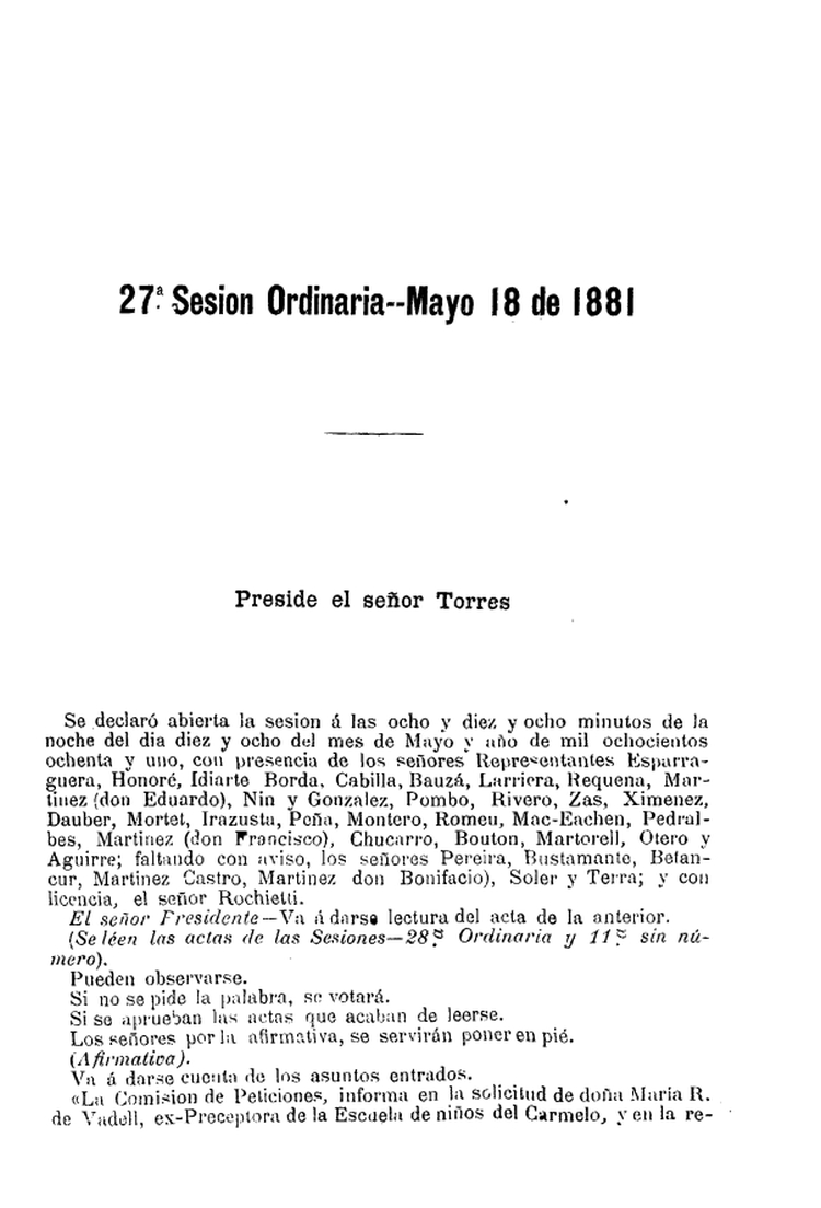 DIARIO DE SESIONES DE LA CAMARA DE REPRESENTANTES del 18/05/1881